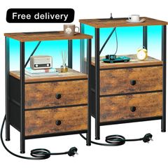 Night Stand Set 2, LED Nightstand with Charging Station