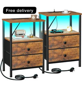 Night Stand Set 2, LED Nightstand with Charging Station