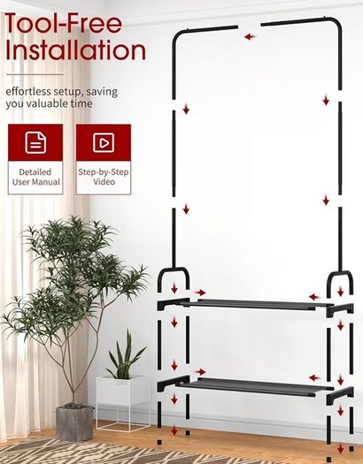 Large Capacity Freestanding Clothes Rack with 2-Tier Shoe Organizer & Non-Slip Feet, Heavy-Duty Clothing Rail for Bedroom, Entrance, Laundry, 74 x 30 x 150cm, Black