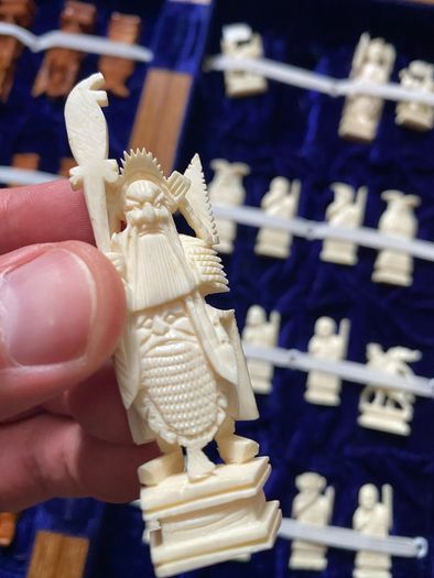Vintage Chinese Bone Hand Carved Ivory Chess Set Hong Kong 1960s