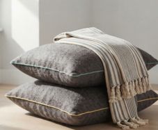 QUICK SALE (BARGAIN): Textured Dark Grey Cushions & Striped Throw Set - Excellent Condition (Collection D13)