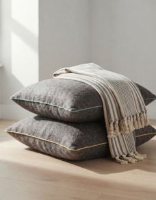 QUICK SALE (BARGAIN): Textured Dark Grey Cushions & Striped Throw Set - Excellent Condition (Collection D13)