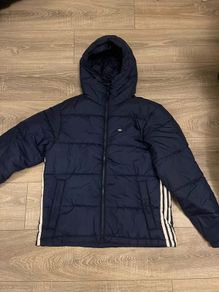 Adidas Three Stripe Padded Jacket with hood In Navy Blue