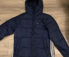 Adidas Three Stripe Padded Jacket with hood In Navy Blue