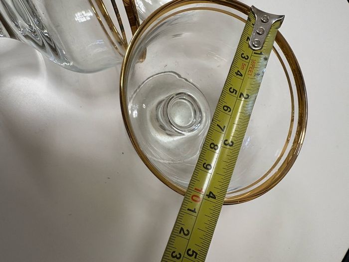 Set of six clear glass footed dessert dishes with gold-trimmed rims