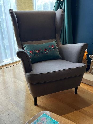 IKEA STRANDMON Wing Chair and footstool - Nordvalla dark grey