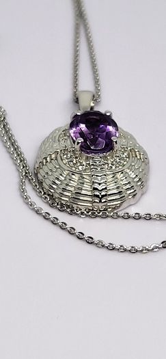 Sterling silver Victorian Shield Inspired Moroccan Amethyst , White Zircon Pendant with Chain (Size 20) in Rhodium Sterling Silver 1.880 Ct.