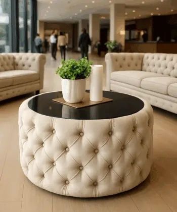 Round Velvet Coffee Table  Tinted Glass Top