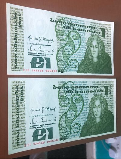 Two irish one pound punt notes