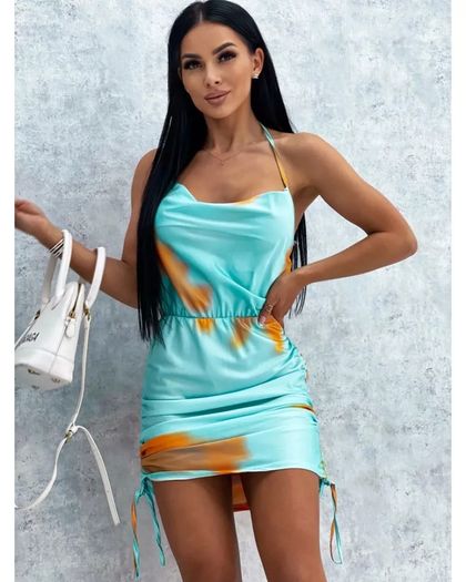 Tie dye satin ruched dress