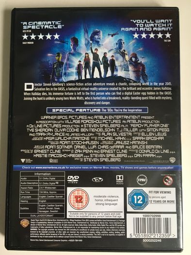 Ready Player One (Steven Spielberg Film) [2018] Tye Sheridan, Olivia Cooke, Ben Mendelsohn, Lena Waithe, T.J. Miller, Simon Pegg & Mark Rylance [1xDVD Movie]