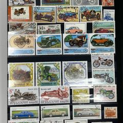 Ace Black 32 page/ 16 leaf Stamp Album with over 900 stamps. Thematic of Animals, Plants, Classic Cars, Space, Trains, Sport & Disney noted.