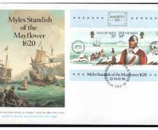 1986 Isle of Man Ameripex 86 International Stamp Exhibition with Captain Myles Standish of the Mayflower Commemorative Stamps Miniature Sheet on First Day Cover (FDC)