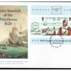 1986 Isle of Man Ameripex 86 International Stamp Exhibition with Captain Myles Standish of the Mayflower Commemorative Stamps Miniature Sheet on First Day Cover (FDC)