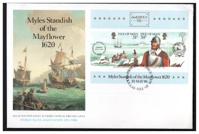 1986 Isle of Man Ameripex 86 International Stamp Exhibition with Captain Myles Standish of the Mayflower Commemorative Stamps Miniature Sheet on First Day Cover (FDC)