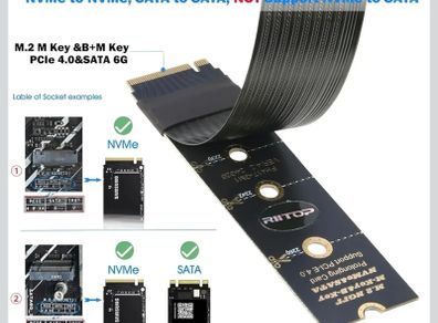 M.2 NVMe Extension Cable NVMe Extender for M-Key and B+M-Key SSDs in Sizes 2280-2260-2242-2230 Supports PCIe 4.0 and SATA 6Gbps 30 cm