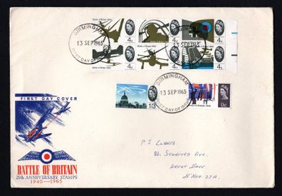 1965 Great Britain The 25th Anniversary of the Battle of Britain  Commemorative Stamp First Day Cover with clear Birmingham cancel.