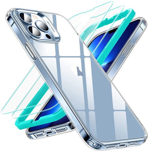 Hybrid Case Compatible with iPhone 13 Pro Max, with 2-Pack Tempered-Glass Screen Protectors, Reinforced Drop Protection, Shock-Proof Bumper, Scratch-Resistant Phone Case, Classic Series, Clear