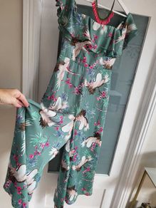 FOREVER UNIQUE green birds wide leg bardot jumpsuit Sz 12 - Rrp 249 (New)