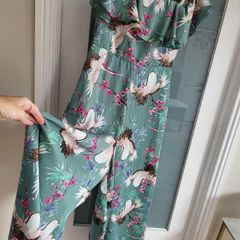 FOREVER UNIQUE green birds wide leg bardot jumpsuit Sz 12 - Rrp 249 (New)