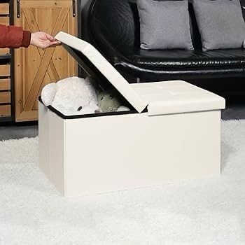 NEW SALE | Folding Storage Ottoman Bench with Flipping Lid, Entryway Bench with Padded Seat,White Faux Leather Ottoman for Bedroom,76x38x38cm
