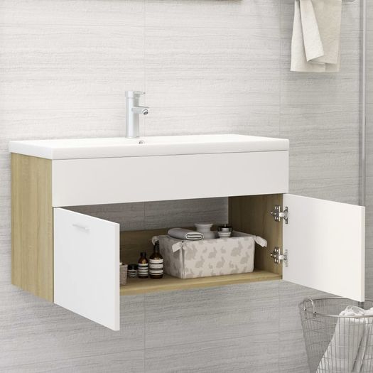 Sink Cabinet with Built-in Basin White and Sonoma Oak Chipboard