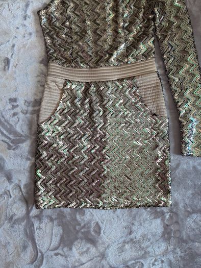 Zhivago One Shoulder Sequin Mini Dress AU 8 UK 8 In Champagne Gold Zig Zag Party Dress.