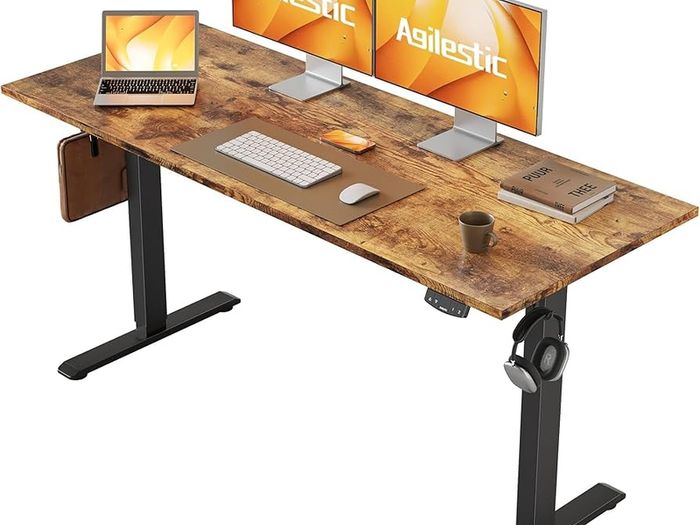 Electric Standing Desk, 140 x 60 cm Height Adjustable Sit Stand Desks with Splice Board and Memory Smart Pannel, Home Office Desk, Brown