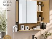 LED Mirrored Bathroom Cabinet with Storage, Basket & Hair Dryer Holder Oak Colour
