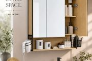 LED Mirrored Bathroom Cabinet with Storage, Basket &amp; Hair Dryer Holder Oak Colour
