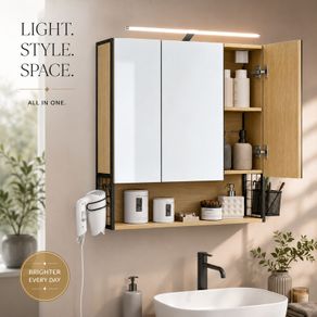 LED Mirrored Bathroom Cabinet with Storage, Basket & Hair Dryer Holder Oak Colour