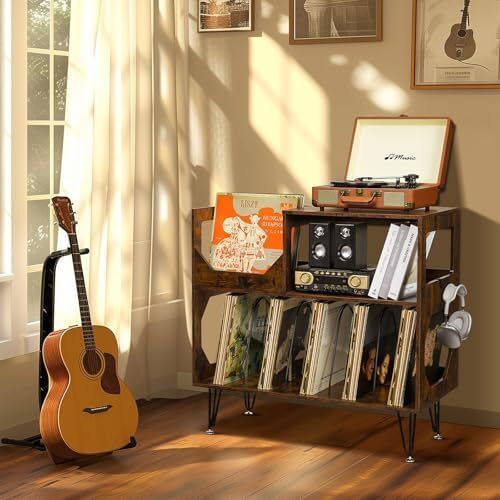 Large Rustic Record Player Stand, 2 Tier Record Player Table with Vinyl Record Storage 370 Albums