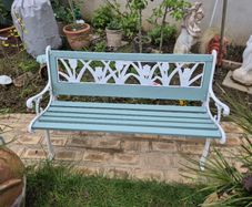 Garden Bench Cast iron fully restored seat outside outdoor garden sitting treated timber decorations, furniture patio  decking, home house cottage ignore flowers pots plants, garden statue chair  swing patio heater bbq hammock sun  farm shop gift