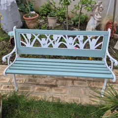 Garden Bench Cast iron fully restored seat outside outdoor garden sitting treated timber decorations, furniture patio  decking, home house cottage ignore flowers pots plants, garden statue chair  swing patio heater bbq hammock sun  farm shop gift