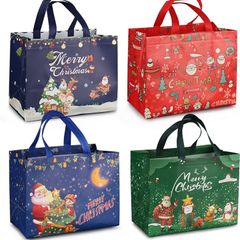 4PCS Christmas Gift Bags Christmas Tote Bags with Handles, Christmas Treat Bags, Multifunctional Non-Woven Christmas Bags for Gifts Wrapping Shopping, Xmas Party Supplies, 32.5x25x17cm