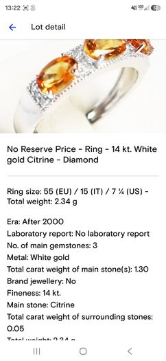 Gold ring 14kt white gold citrine stones
