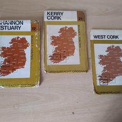 3 x vintage fold-out Irish Ordnance Survey maps Shannon Estuary, Kerry Cork & West Cork FREEPOST