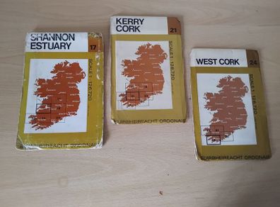 3 x vintage fold-out Irish Ordnance Survey maps Shannon Estuary, Kerry Cork & West Cork FREEPOST