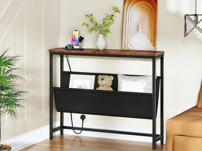 Console Table with Power Outlet and Pouch, Narrow Behind Sofa Table 100 cm Slim Console Table with Charging Station and Adjustable Oxford Pouch, Hallway Table for Entryway, Living Room, Bedroom