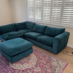 Teal Blue L shaped couch and footstool
