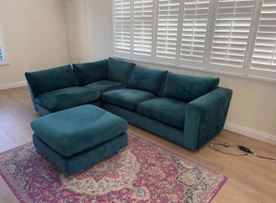 Teal Blue L shaped couch and footstool
