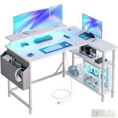 L Shaped Gaming Desk with LED Lights & Power Outlets, 120 x 80cm Corner Computer