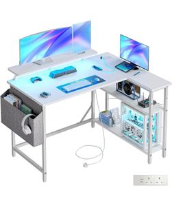 L Shaped Gaming Desk with LED Lights & Power Outlets, 120 x 80cm Corner Computer