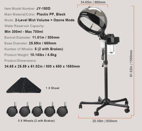 Professional Hair Steamer for Deep Conditioning, 11.81-inch Hooded Ionic Hair Steamer with 2 Modes, Height-Adjustable Standing Hair Steamer with Timer, 5 Wheels (2 Lockable) for Salon Home Spa