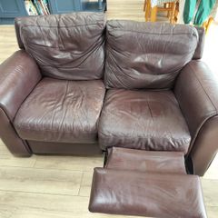 Brown leather 2 seater couch & single chair