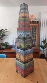 Fabulous Set of Seven Graduated Stackable Nesting Storage Boxes by Quality Manufacturer Bob's Boxes/Lang Paper Co. with "Fancy Fruits" Artwork by Kimberly Poloson