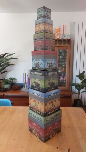 Fabulous Set of Four Graduated Stackable Nesting Storage Boxes by Quality Manufacturer Bob's Boxes/Lang Paper Co. with "Fancy Fruits" Artwork by Kimberly Poloson