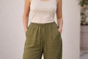 Khaki Linen Blend Wide Leg Trousers by Rowen Avenue.