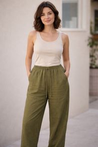 Khaki Linen Blend Wide Leg Trousers by Rowen Avenue.