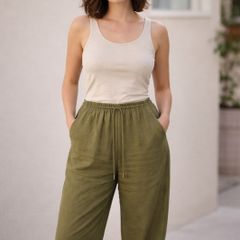 Khaki Linen Blend Wide Leg Trousers by Rowen Avenue.